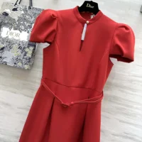 Dior Women Short Belted Dress Bright Red Lightweight Wool and Silk (1)