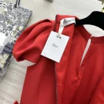 Dior Women Short Belted Dress Bright Red Lightweight Wool and Silk