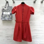 Dior Women Short Belted Dress Bright Red Lightweight Wool and Silk