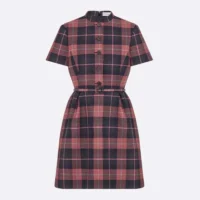 Dior Women Short Belted Dress Pink Gray and White Check’n’Dior Virgin Wool