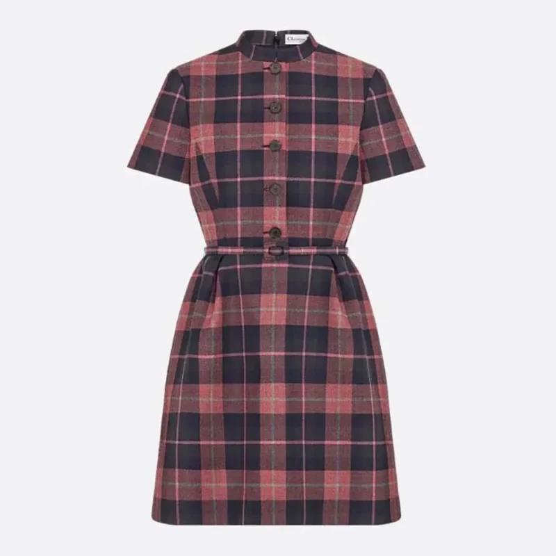Dior Women Short Belted Dress Pink Gray and White Check’n’Dior Virgin Wool