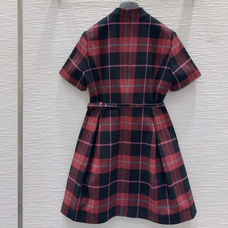 Dior Women Short Belted Dress Pink Gray and White Check’n’Dior Virgin Wool