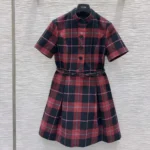 Dior Women Short Belted Dress Pink Gray and White Check’n’Dior Virgin Wool