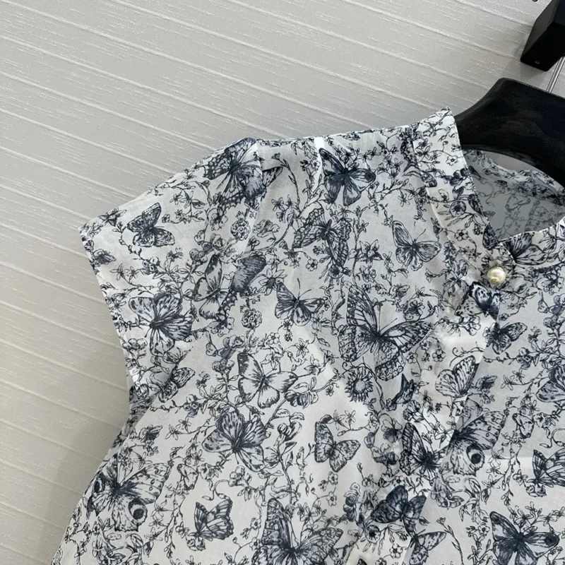 Dior Women Short Dress White Cotton Muslin with Blue Toile de Jouy Papillon Motif