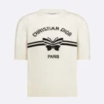 Dior Women Short-Sleeved Sweater White Cashmere Knit with Black Christian Dior Papillon Motif