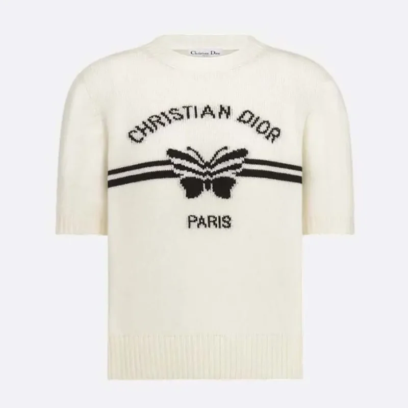Dior Women Short-Sleeved Sweater White Cashmere Knit with Black Christian Dior Papillon Motif