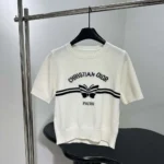 Dior Women Short-Sleeved Sweater White Cashmere Knit with Black Christian Dior Papillon Motif