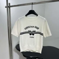 Dior Women Short-Sleeved Sweater White Cashmere Knit with Black Christian Dior Papillon Motif (1)