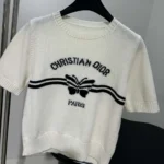 Dior Women Short-Sleeved Sweater White Cashmere Knit with Black Christian Dior Papillon Motif