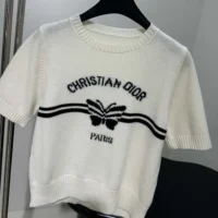 Dior Women Short-Sleeved Sweater White Cashmere Knit with Black Christian Dior Papillon Motif (1)