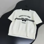 Dior Women Short-Sleeved Sweater White Cashmere Knit with Black Christian Dior Papillon Motif