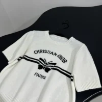 Dior Women Short-Sleeved Sweater White Cashmere Knit with Black Christian Dior Papillon Motif (1)