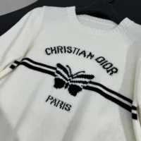 Dior Women Short-Sleeved Sweater White Cashmere Knit with Black Christian Dior Papillon Motif (1)