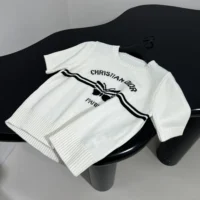 Dior Women Short-Sleeved Sweater White Cashmere Knit with Black Christian Dior Papillon Motif (1)