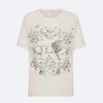 Dior Women T-Shirt White Cotton and Linen Jersey with Black Dior Cabinet de Curiosités Motif