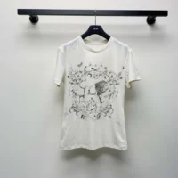 Dior Women T-Shirt White Cotton and Linen Jersey with Black Dior Cabinet de Curiosités Motif (1)