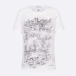 Dior Women T-Shirt White Cotton and Linen Jersey with Black Toile de Jouy Scotland Motif