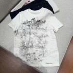 Dior Women T-Shirt White Cotton and Linen Jersey with Black Toile de Jouy Scotland Motif