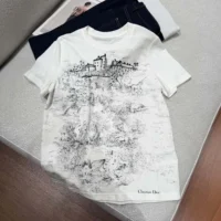 Dior Women T-Shirt White Cotton and Linen Jersey with Black Toile de Jouy Scotland Motif (1)