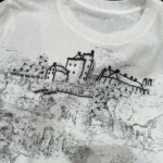 Dior Women T-Shirt White Cotton and Linen Jersey with Black Toile de Jouy Scotland Motif