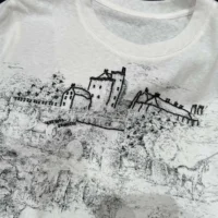 Dior Women T-Shirt White Cotton and Linen Jersey with Black Toile de Jouy Scotland Motif (1)