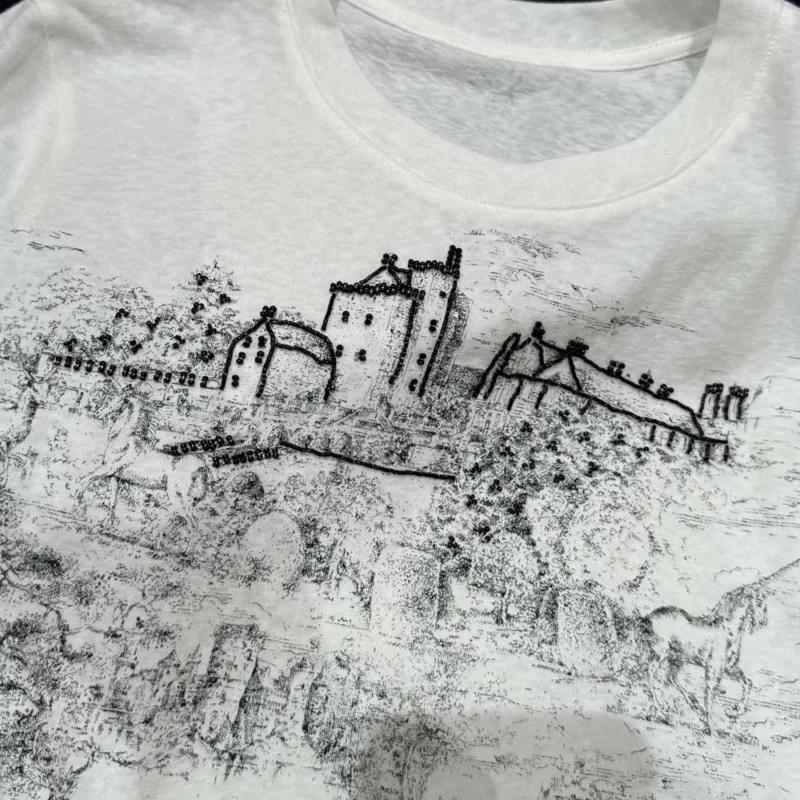 Dior Women T-Shirt White Cotton and Linen Jersey with Black Toile de Jouy Scotland Motif