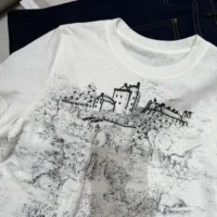 Dior Women T-Shirt White Cotton and Linen Jersey with Black Toile de Jouy Scotland Motif (1)