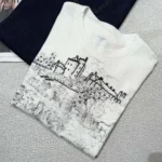 Dior Women T-Shirt White Cotton and Linen Jersey with Black Toile de Jouy Scotland Motif