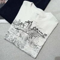 Dior Women T-Shirt White Cotton and Linen Jersey with Black Toile de Jouy Scotland Motif (1)