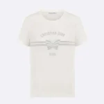 Dior Women T-Shirt White Cotton and Linen Jersey with Gray Christian Dior Papillon Motif