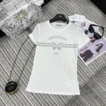 Dior Women T-Shirt White Cotton and Linen Jersey with Gray Christian Dior Papillon Motif