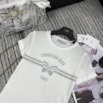 Dior Women T-Shirt White Cotton and Linen Jersey with Gray Christian Dior Papillon Motif