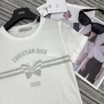 Dior Women T-Shirt White Cotton and Linen Jersey with Gray Christian Dior Papillon Motif