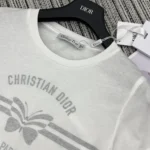 Dior Women T-Shirt White Cotton and Linen Jersey with Gray Christian Dior Papillon Motif