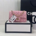 Chanel Dam CC Mini Klassisk Handväska Tweed Guldton Metall-Rosa
