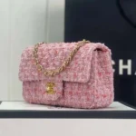 Chanel Dam CC Mini Klassisk Handväska Tweed Guldton Metall-Rosa