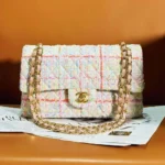 Chanel Women CC Mini Classic Handbag Tweed Gold Tone Metal-White