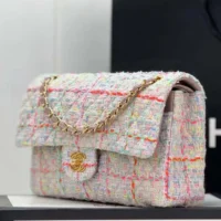Chanel Women CC Mini Classic Handbag Tweed Gold Tone Metal-White (1)