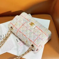 Chanel Women CC Mini Classic Handbag Tweed Gold Tone Metal-White (1)