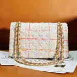 Chanel Women CC Mini Classic Handbag Tweed Gold Tone Metal-White