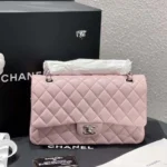 Chanel Women Classic 11.12 Handbag in Lambskin Leather-Light Pink/Silver