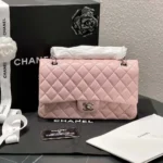 Chanel Women Classic 11.12 Handbag in Lambskin Leather-Light Pink/Silver