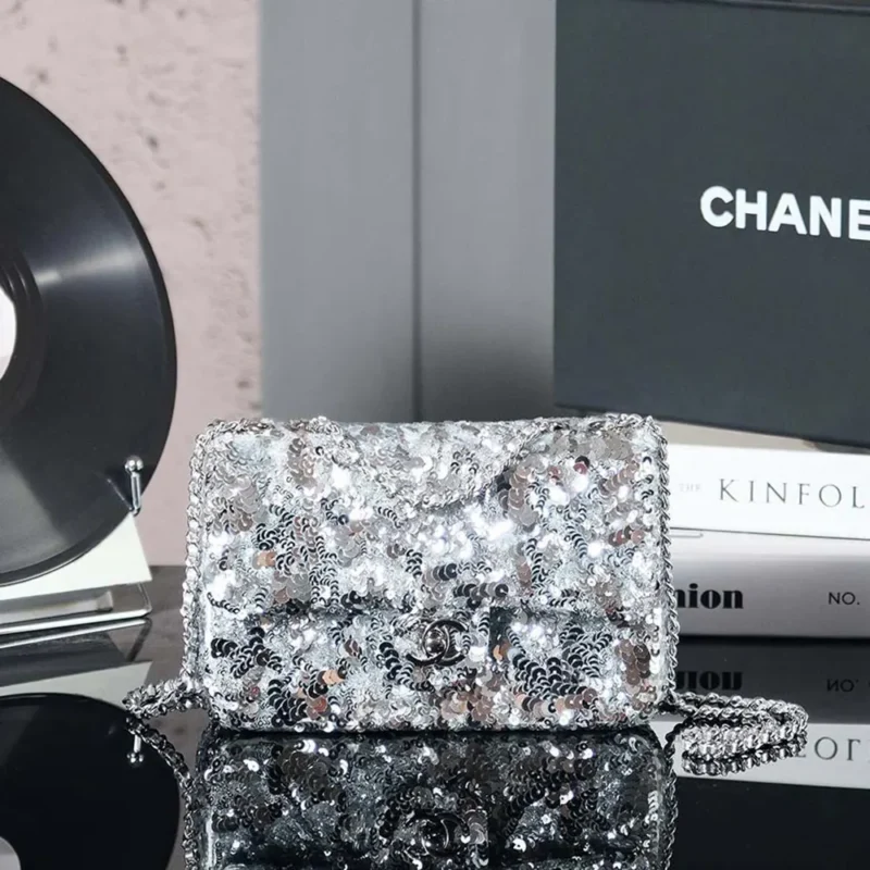 Chanel Women Flap Bag Sequins Silver Tone Metal AS4561