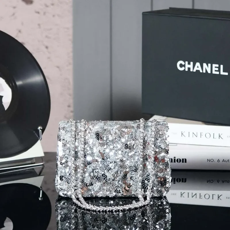 Chanel Women Flap Bag Sequins Silver Tone Metal AS4561