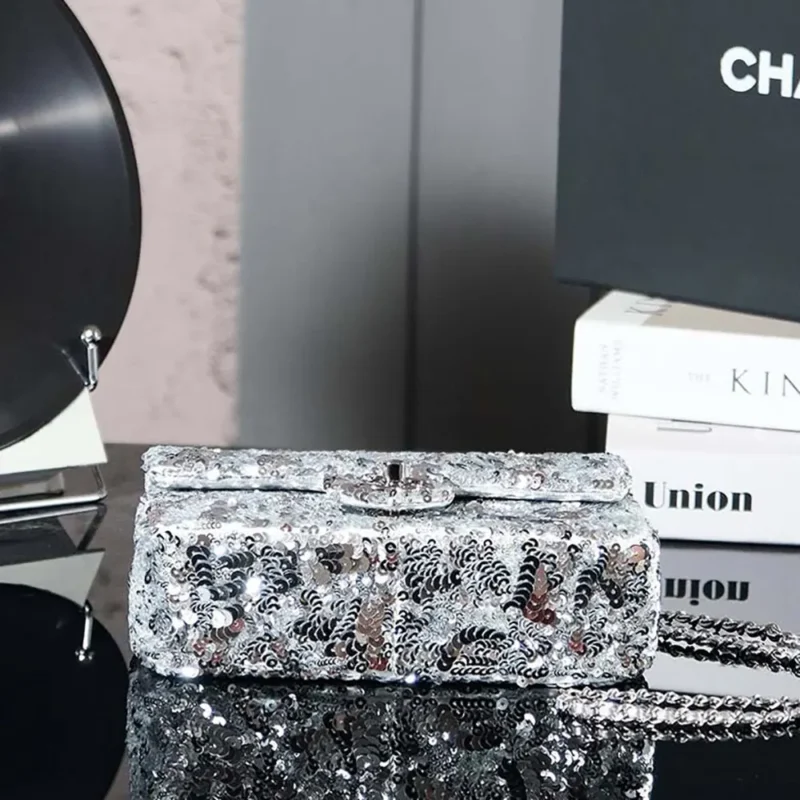 Chanel Women Flap Bag Sequins Silver Tone Metal AS4561