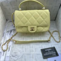 Chanel Women Mini Flap Bag with Top Handle Shiny Lambskin Imitation Pearls-Yellow (1)