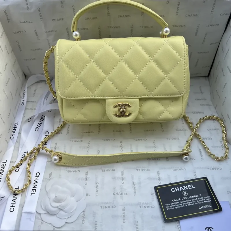 Chanel Women Mini Flap Bag with Top Handle Shiny Lambskin Imitation Pearls-Yellow