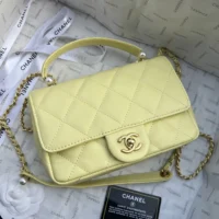 Chanel Women Mini Flap Bag with Top Handle Shiny Lambskin Imitation Pearls-Yellow (1)