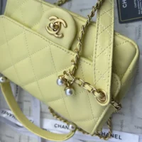 Chanel Women Mini Flap Bag with Top Handle Shiny Lambskin Imitation Pearls-Yellow (1)