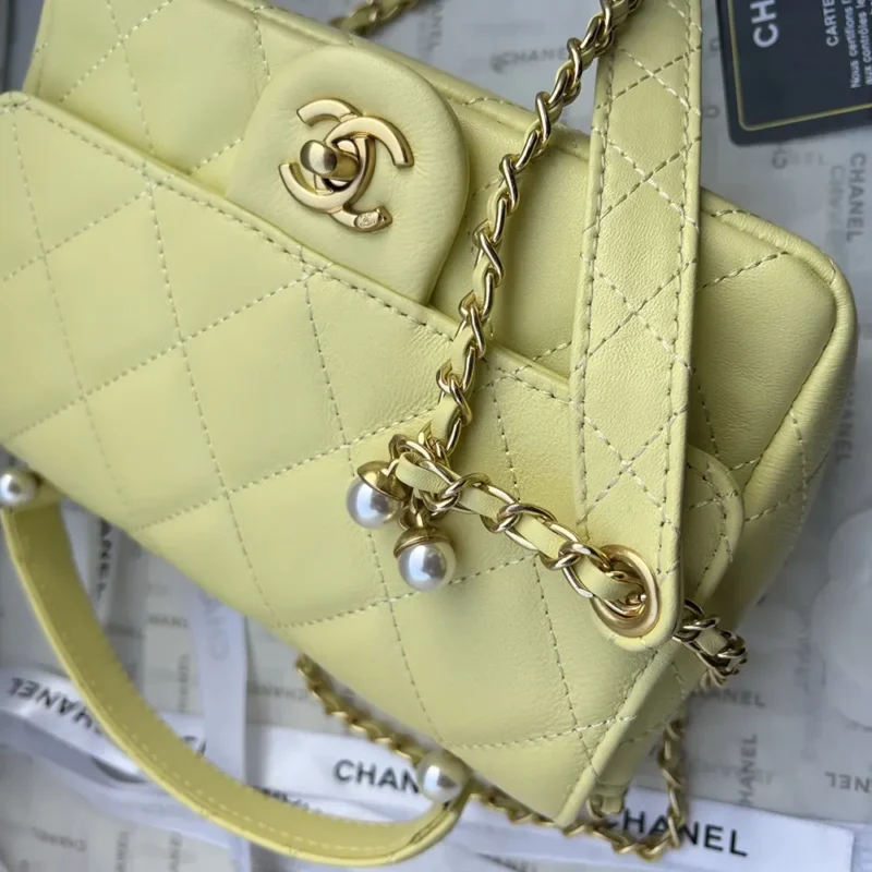 Chanel Women Mini Flap Bag with Top Handle Shiny Lambskin Imitation Pearls-Yellow